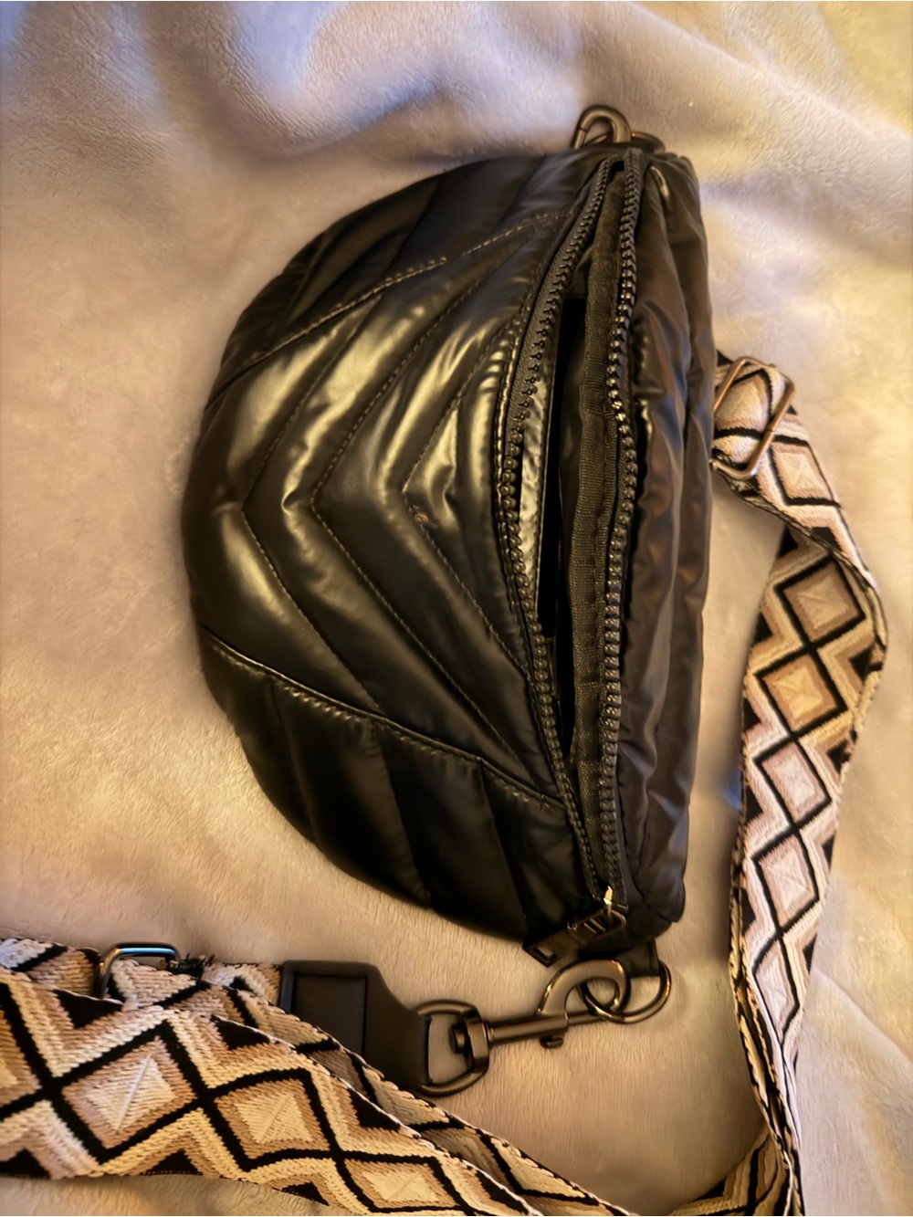 THINK ROYLN Black Quilted Crossbody with Geometric Strap